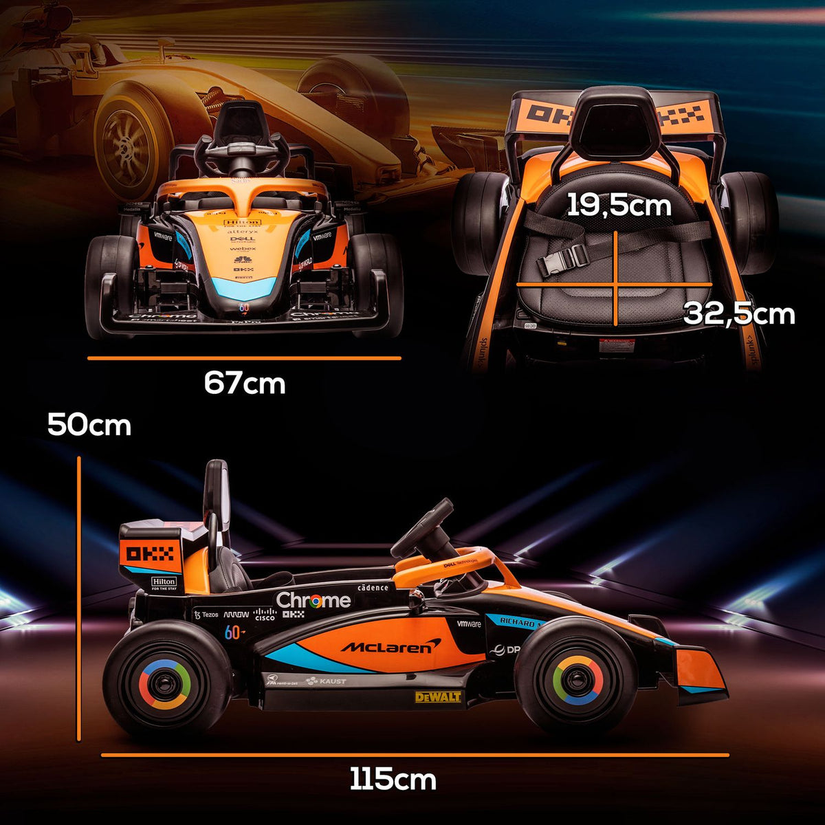 McLaren children's car, with 2 speed, 2 motors, remote control, MP3 USB, suspension, horn, for 3-5 years children, load capacity 30 kg, orange