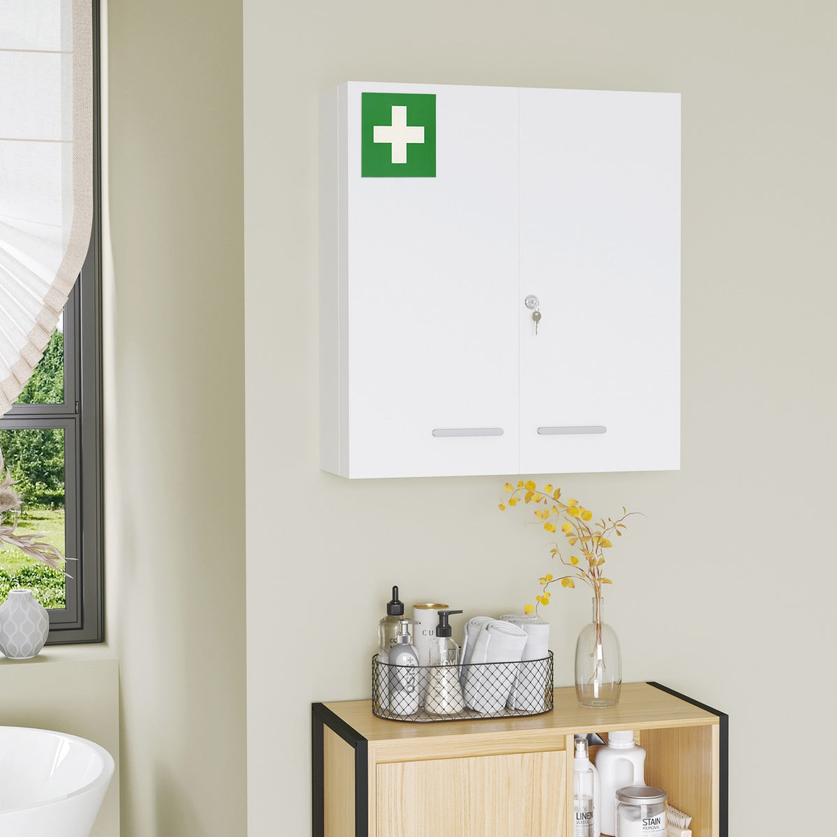Medicine Cabinet 2-Door Medicine Cabinet With 6 Shelves, Pharmacy Cabinet For Wall Mounting, Steel, White, 55X18X60Cm