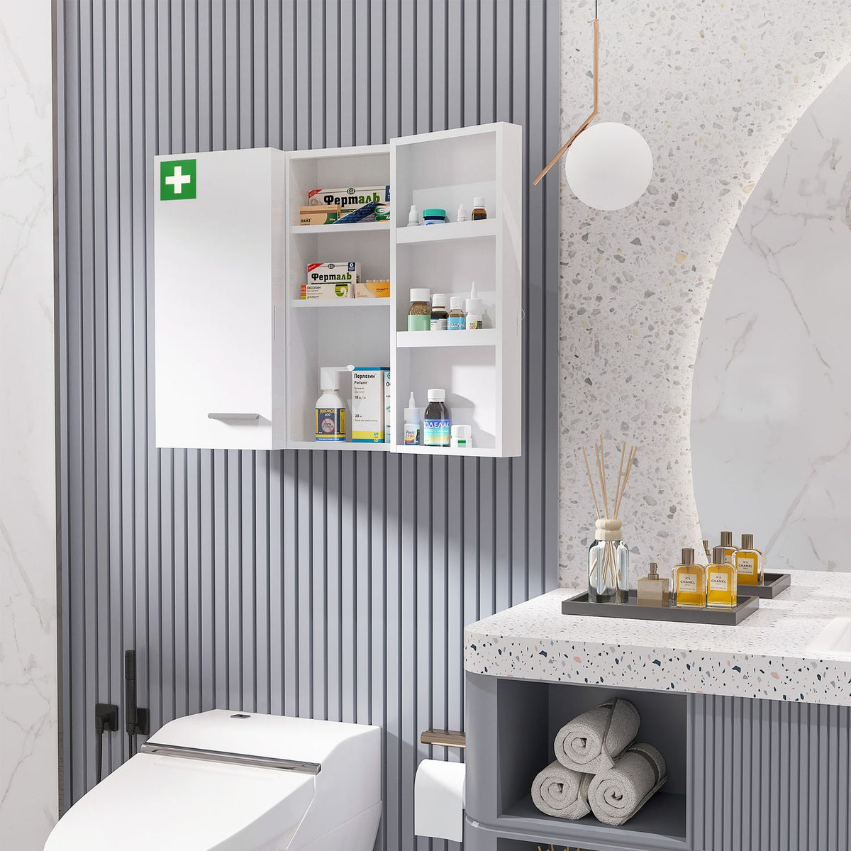 Medicine Cabinet 2-Door Medicine Cabinet With 6 Shelves, Pharmacy Cabinet For Wall Mounting, Steel, White, 55X18X60Cm
