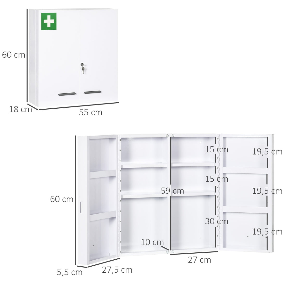 Medicine Cabinet 2-Door Medicine Cabinet With 6 Shelves, Pharmacy Cabinet For Wall Mounting, Steel, White, 55X18X60Cm