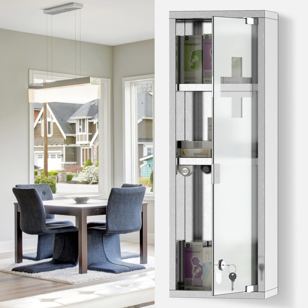 Medicine Cabinet First Aid Cabinet Frosted Glass Stainless Steel Silver 20X12X58Cm
