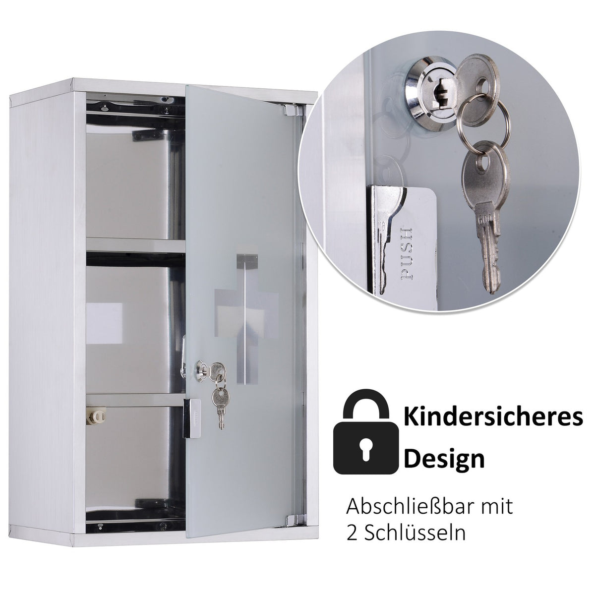 Medicine Cabinet First Aid Cabinet Lock Stainless Steel Safety Storage 30X18X50Cm