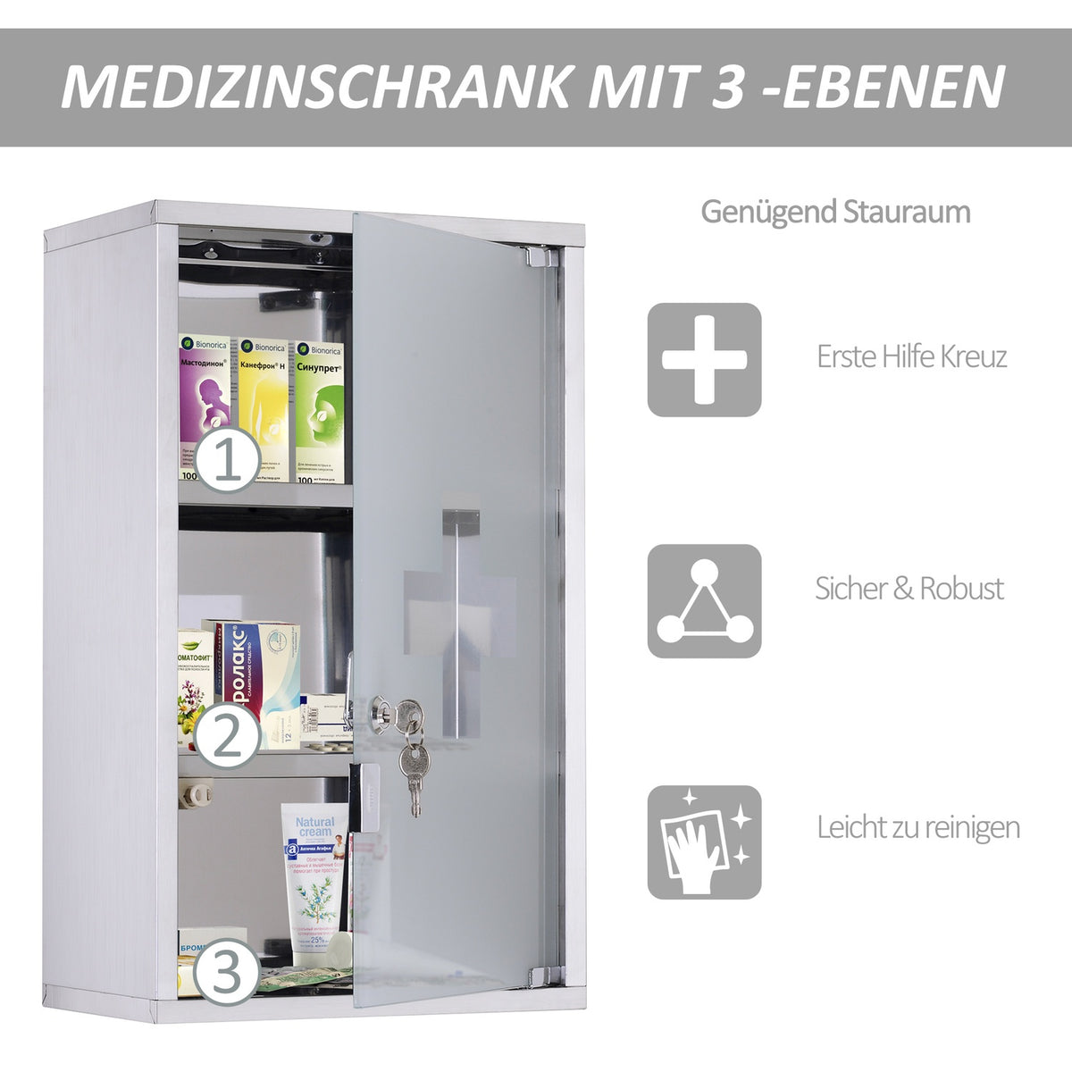 Medicine Cabinet First Aid Cabinet Lock Stainless Steel Safety Storage 30X18X50Cm