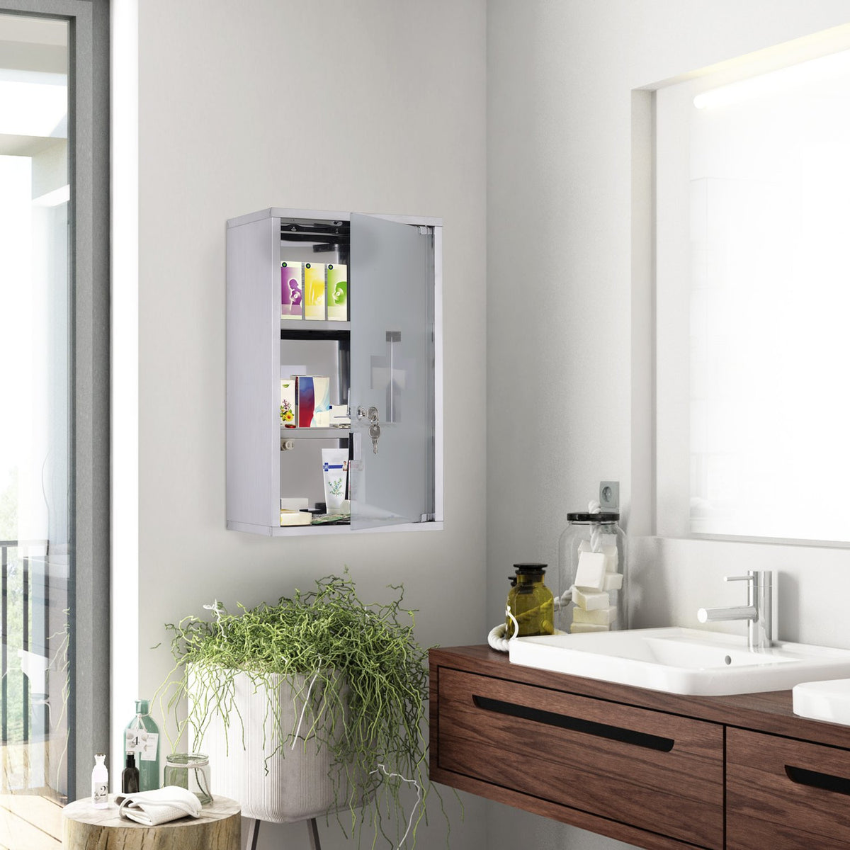 Medicine Cabinet First Aid Cabinet Lock Stainless Steel Safety Storage 30X18X50Cm