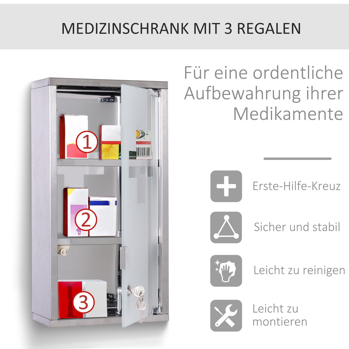Medicine Cabinet Medicine Cabinet Medicine Cabinet 3 Compartments Home Medicine Counter Stainless Steel 25 X 12 X 48Cm