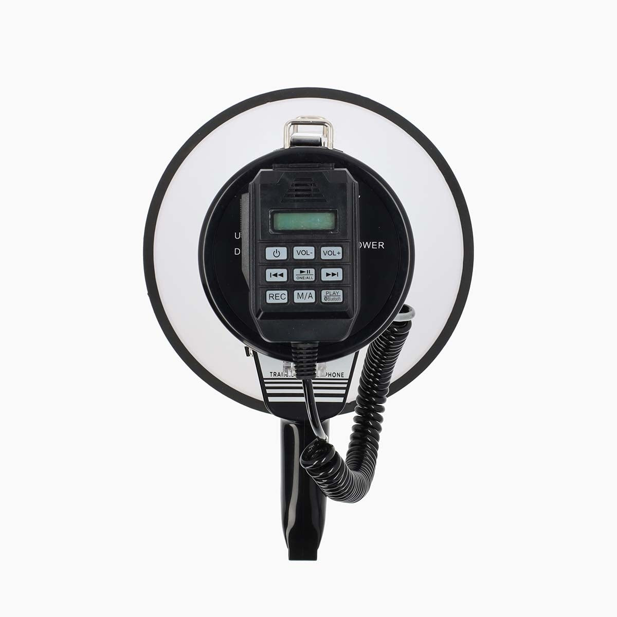 Megaphone | Maximum range: 1500 m | Maximum Volume control: 120 dB | Detachable Microphone | Built-in siren | Bluetooth® | Recording function | USB playback | Shoulder strap | Black / White
