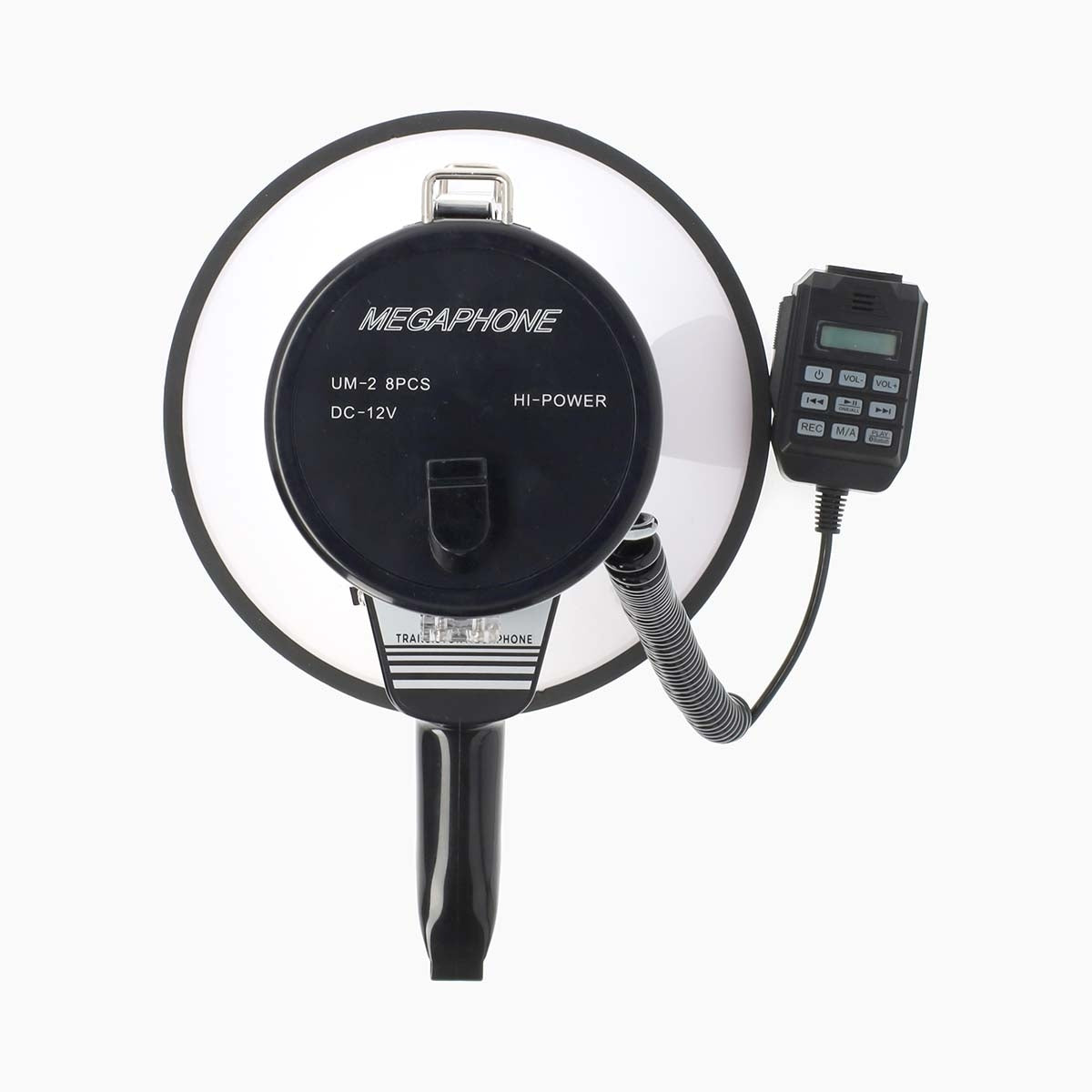 Megaphone | Maximum range: 1500 m | Maximum Volume control: 120 dB | Detachable Microphone | Built-in siren | Bluetooth® | Recording function | USB playback | Shoulder strap | Black / White