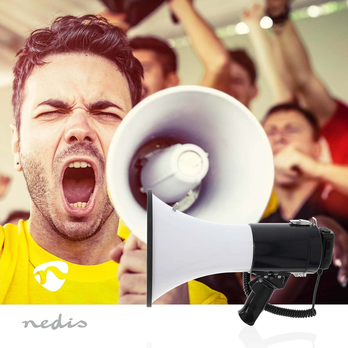 Megaphone | Maximum range: 1500 m | Maximum Volume control: 120 dB | Detachable Microphone | Built-in siren | Bluetooth® | Recording function | USB playback | Shoulder strap | Black / White