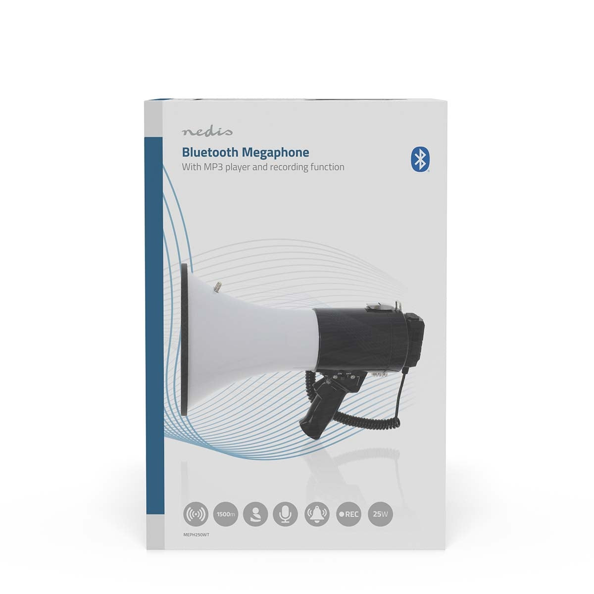 Megaphone | Maximum range: 1500 m | Maximum Volume control: 120 dB | Detachable Microphone | Built-in siren | Bluetooth® | Recording function | USB playback | Shoulder strap | Black / White