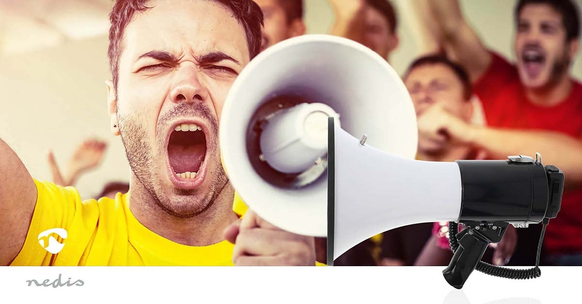Megaphone | Maximum range: 1500 m | Maximum Volume control: 120 dB | Detachable Microphone | Built-in siren | Bluetooth® | Recording function | USB playback | Shoulder strap | Black / White