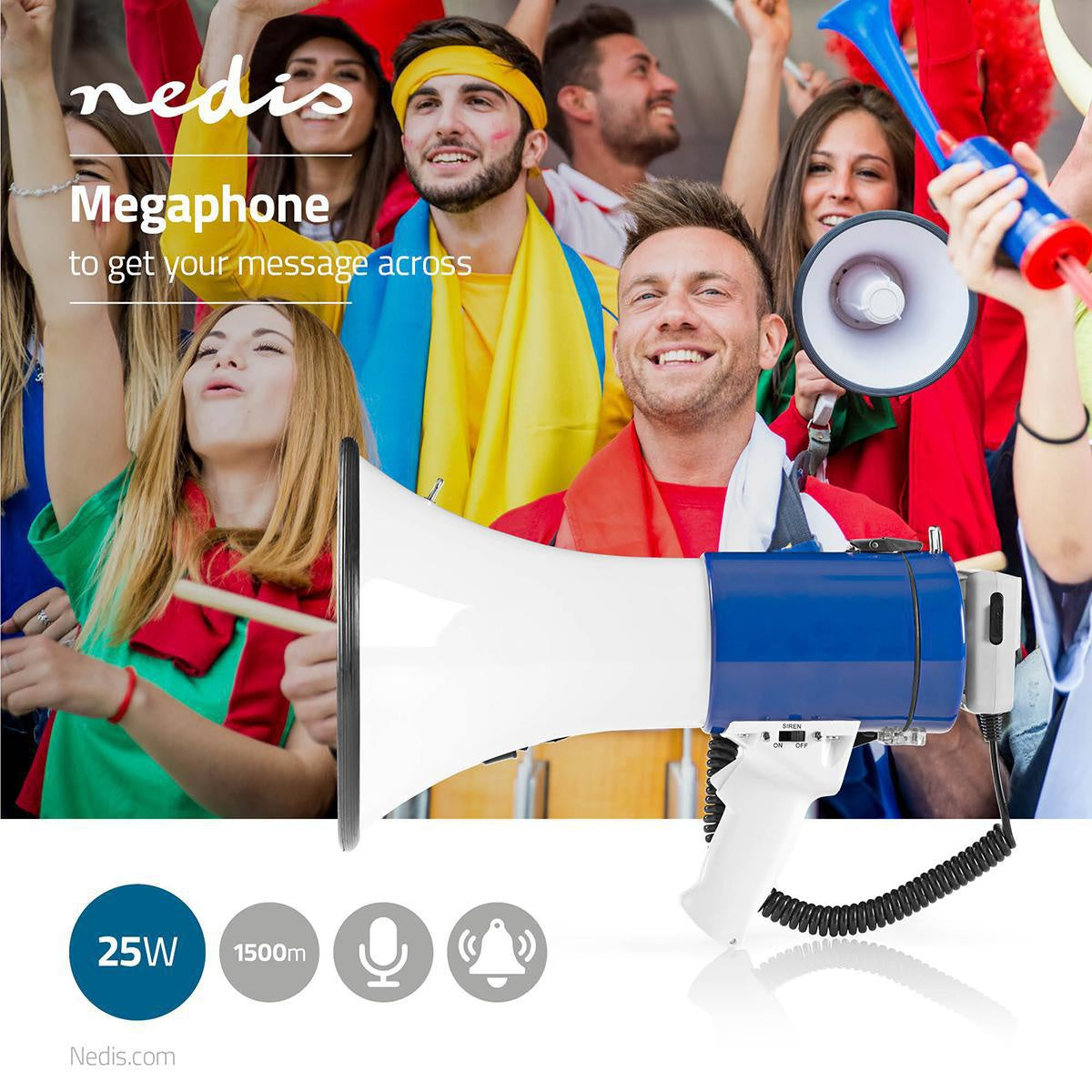 Megaphone | Maximum range: 1500 m | Maximum volume control: 135 dB | Detachable microphone | Built-in siren | Shoulder strap | Blue / White