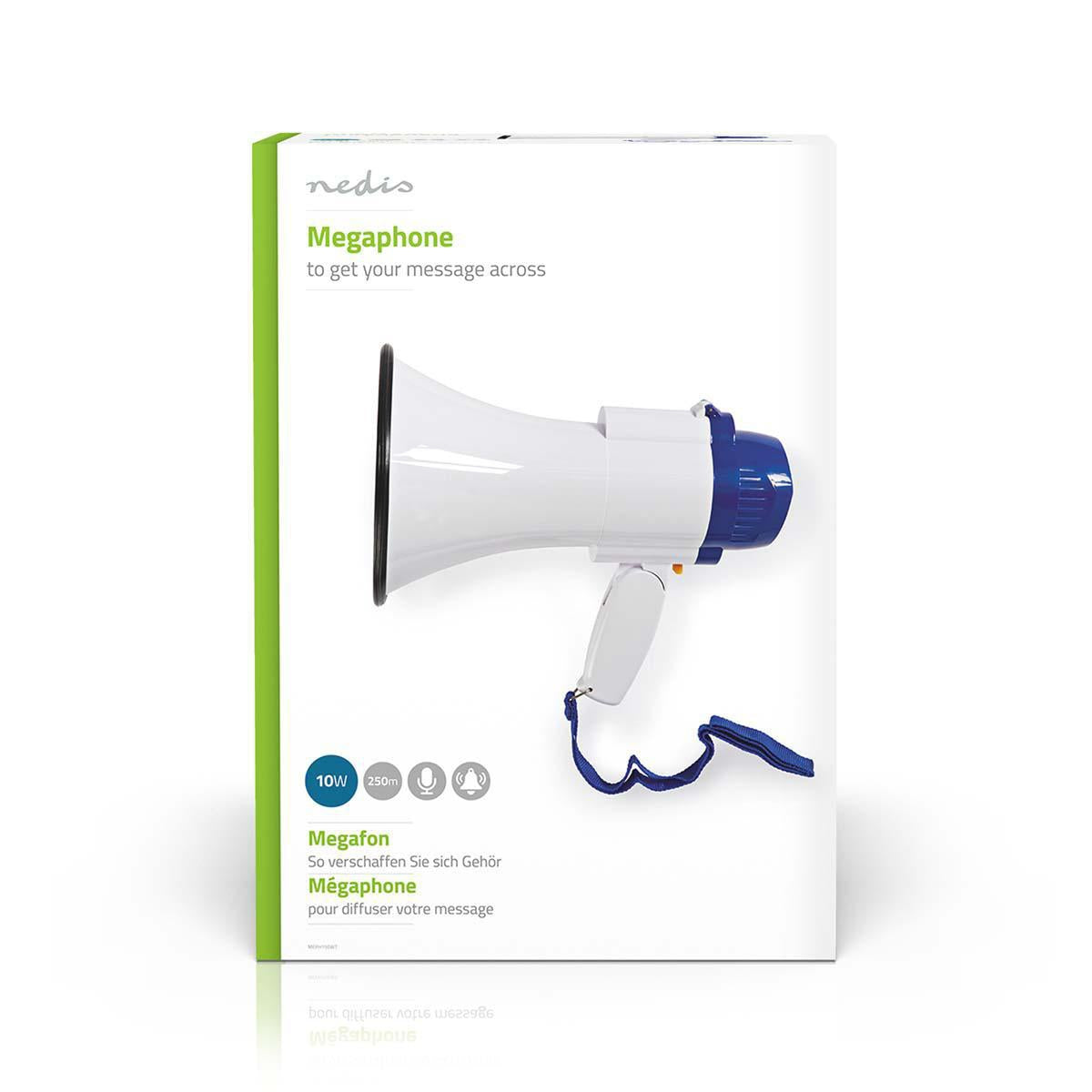 Megaphone | Maximum range: 250 m | Maximum volume control: 115 dB | Built-in microphone | Built-in siren | Recording function | Blue / White