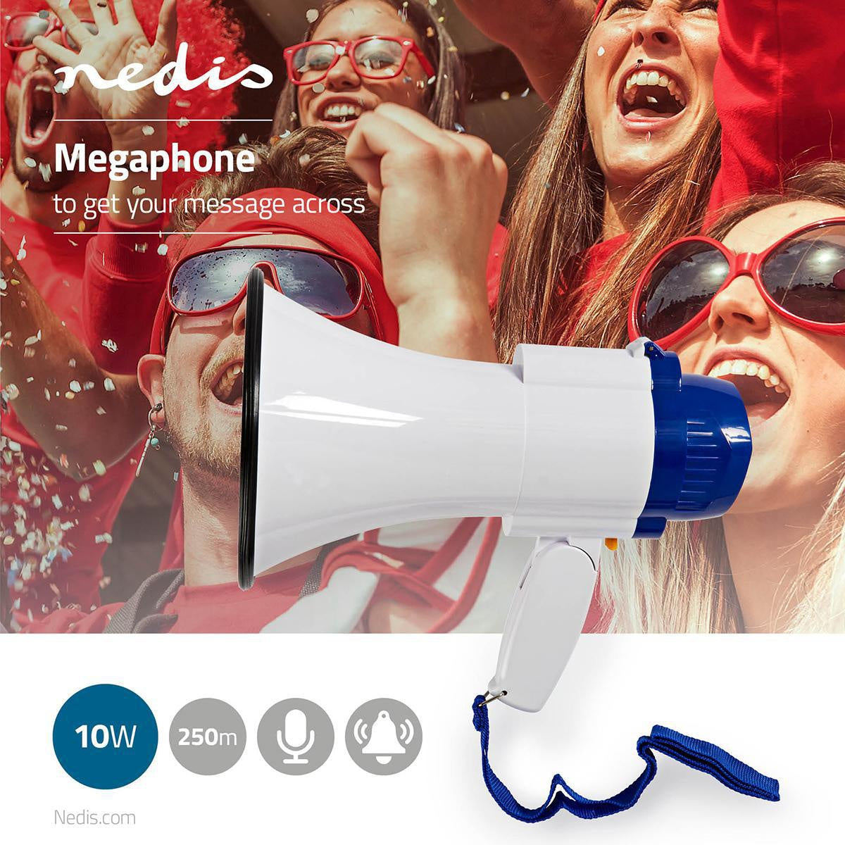 Megaphone | Maximum range: 250 m | Maximum volume control: 115 dB | Built-in microphone | Built-in siren | Recording function | Blue / White
