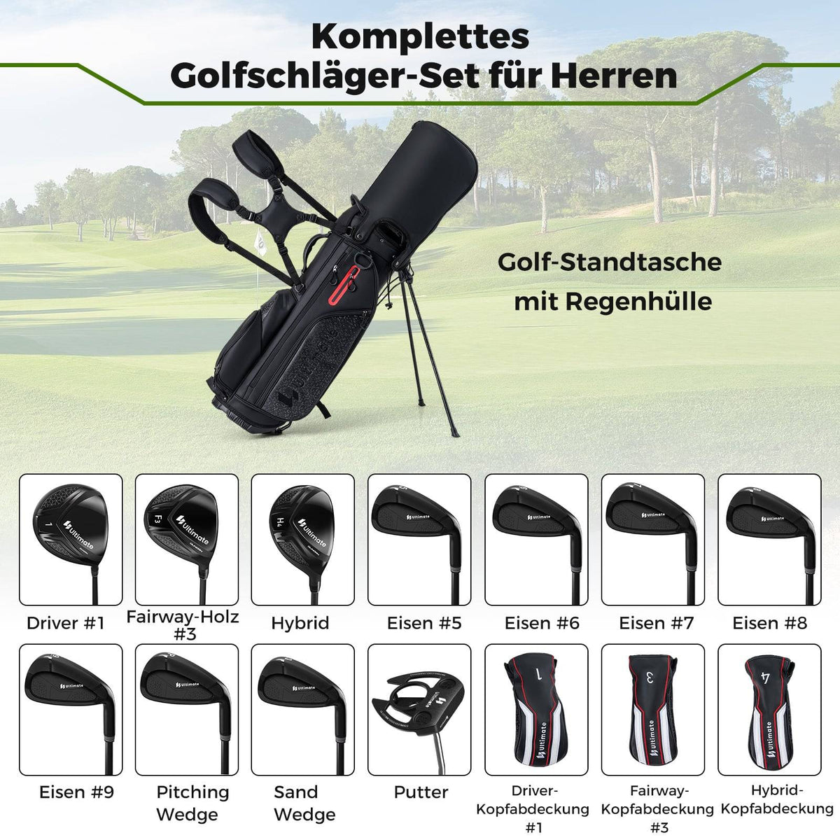 Men's Right-Handed Golf Club Set with Stand Bag