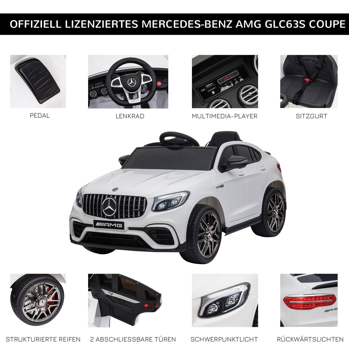 Mercedes-Benz Amg Gla45 Licensed Children'S Vehicle Electric Car With Remote Control, Mp3, Seat Belt, 37-60 Months, White