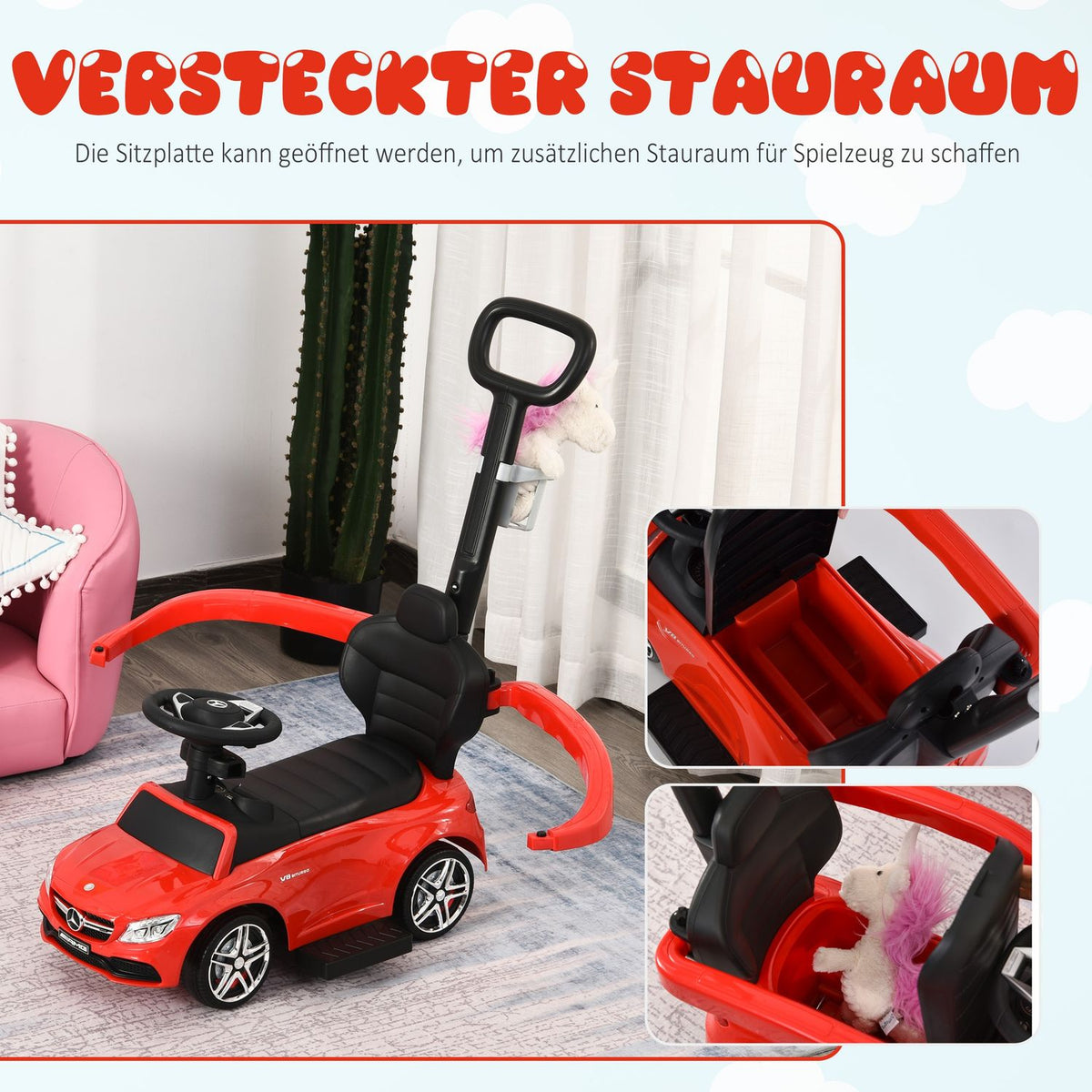 Mercedes Benz Children'S Car Children'S Vehicle Push And Support Bar With Backrest/Protection Bar, Walking Aid For Babies