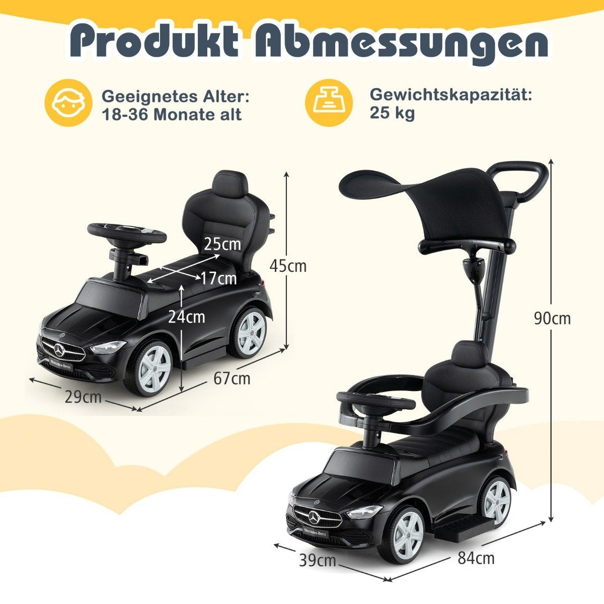 Mercedes-Benz ride-on car 3-in-1 ride-on vehicle with push handle ride-on car for children aged 1 year and over black