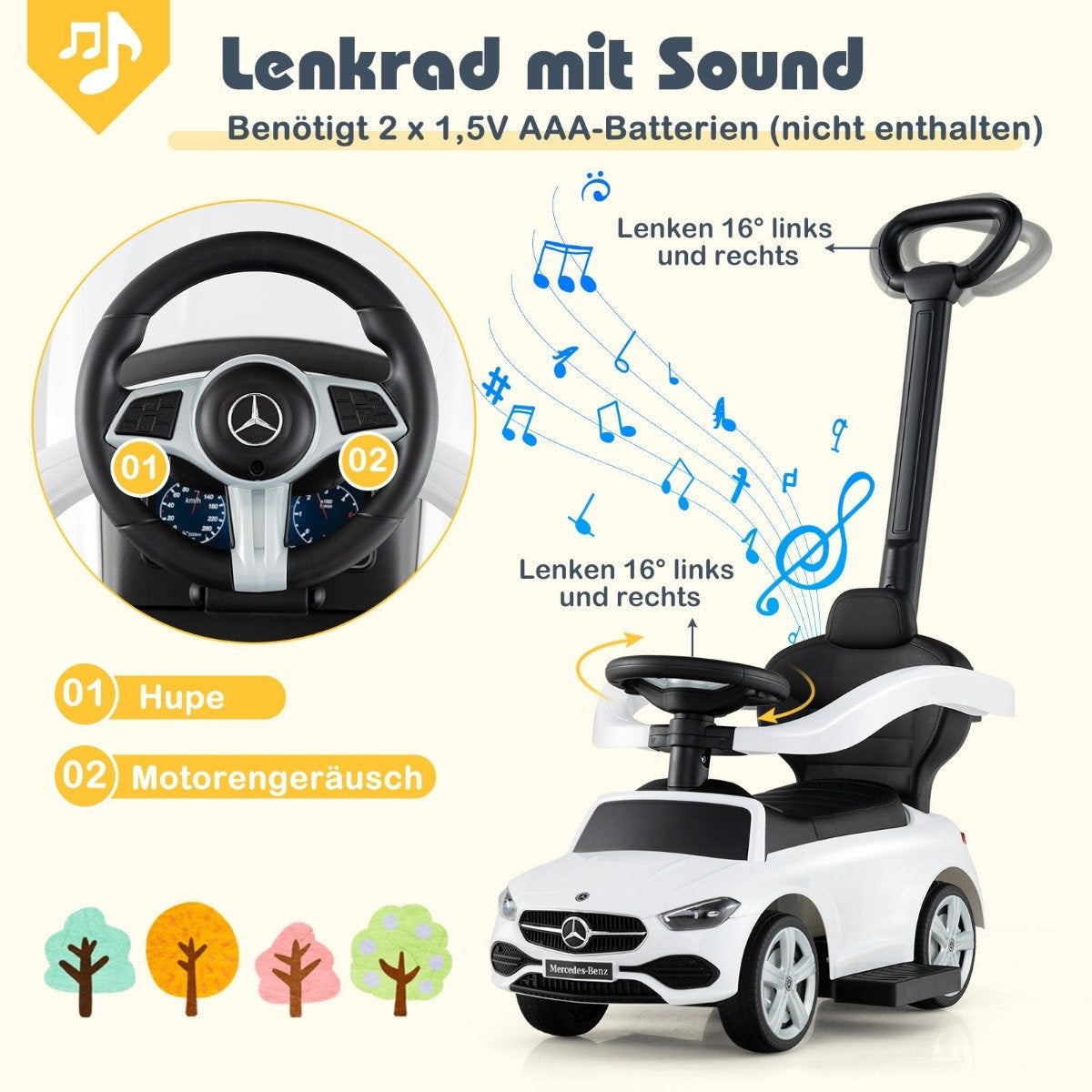 Mercedes-Benz ride-on car 3-in-1 ride-on vehicle with push handle ride-on car for children aged 1 year and over white