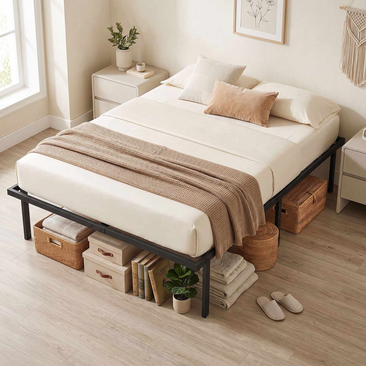 Metal Bed Frame 140x200 cm, Underbed Storage, Slats