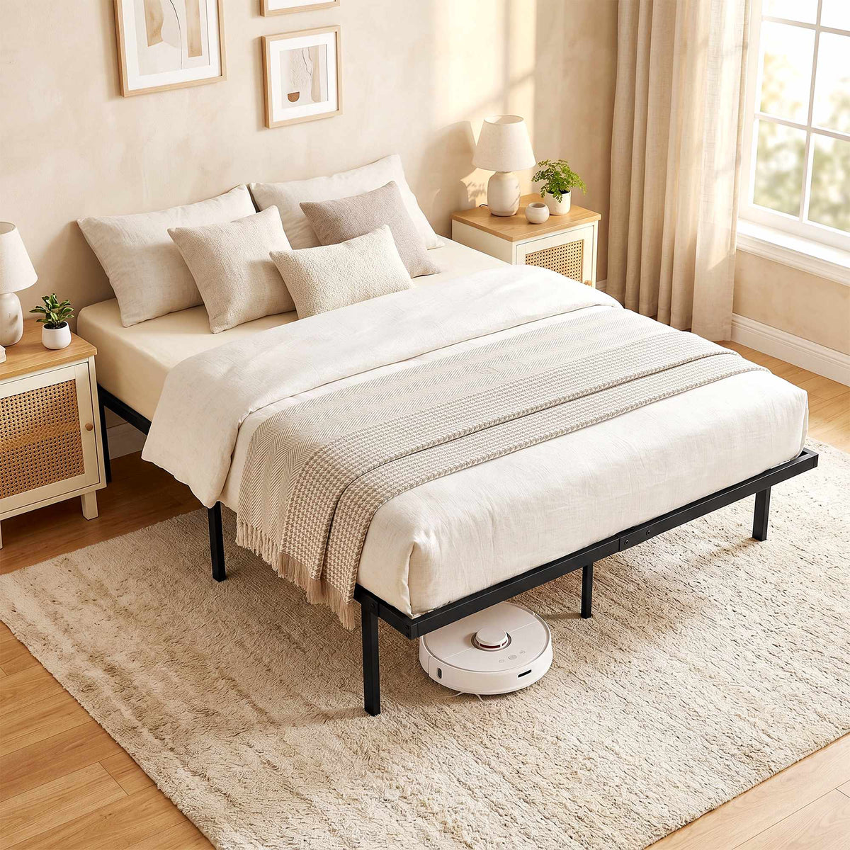 Metal Bed Frame 140x200 cm, Underbed Storage, Slats