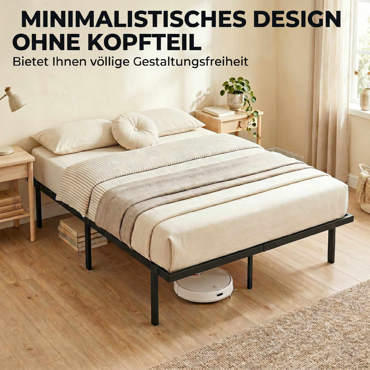Metal Bed Frame 140x200 cm, Underbed Storage, Slats