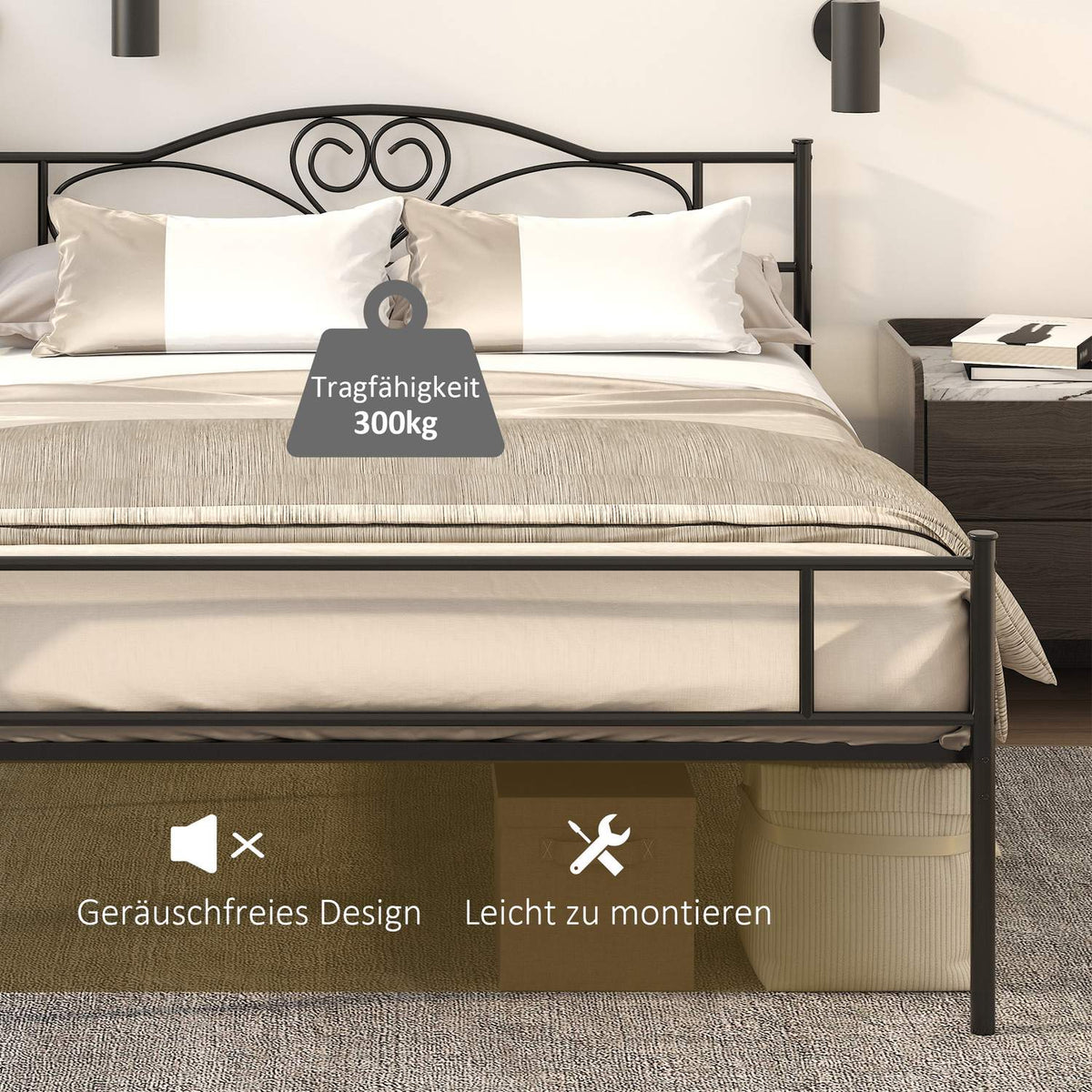 Metal Bed Frame with Headboard, 300kg Capacity, Black
