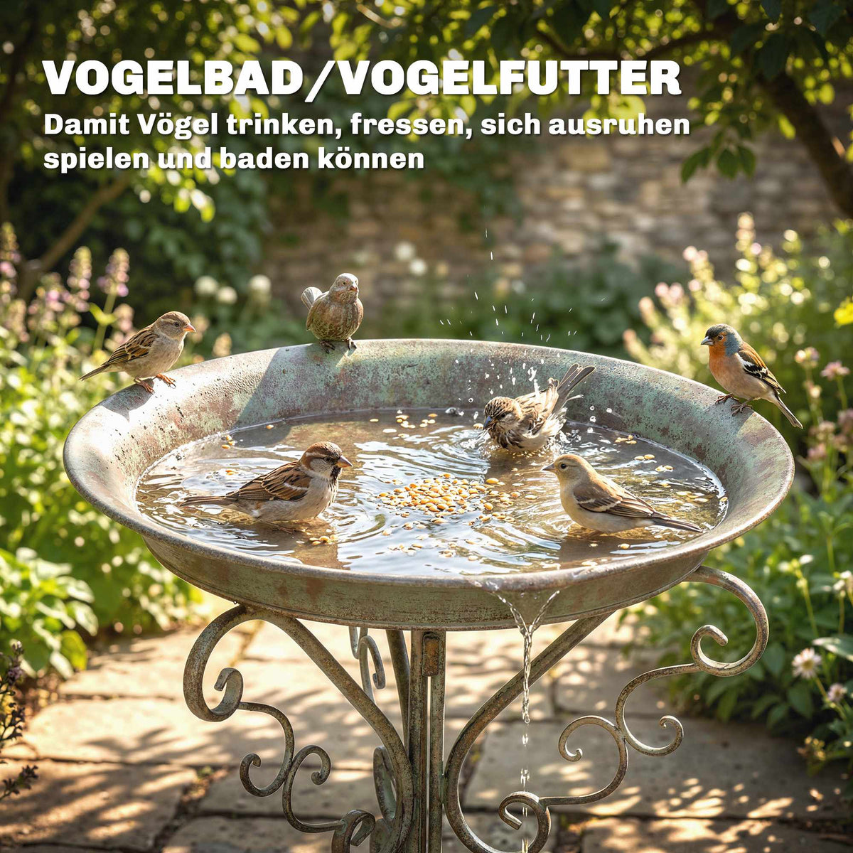 Metal Bird Bath, Vintage Green, 75 cm High, Rust-Resistant