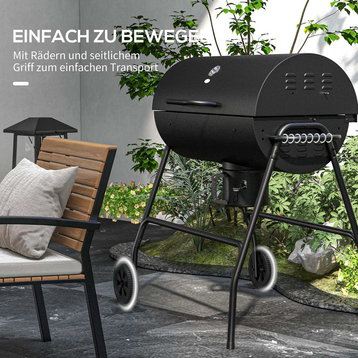 Metal Charcoal Grill BBQ Smoker with Lid Thermometer Wheels Adjustable Charcoal Tray Handle Mobile Grill Cart Charcoal Grill Charcoal Grill for Barbeque Camping Patio 95 x 71.5 x 102 cm