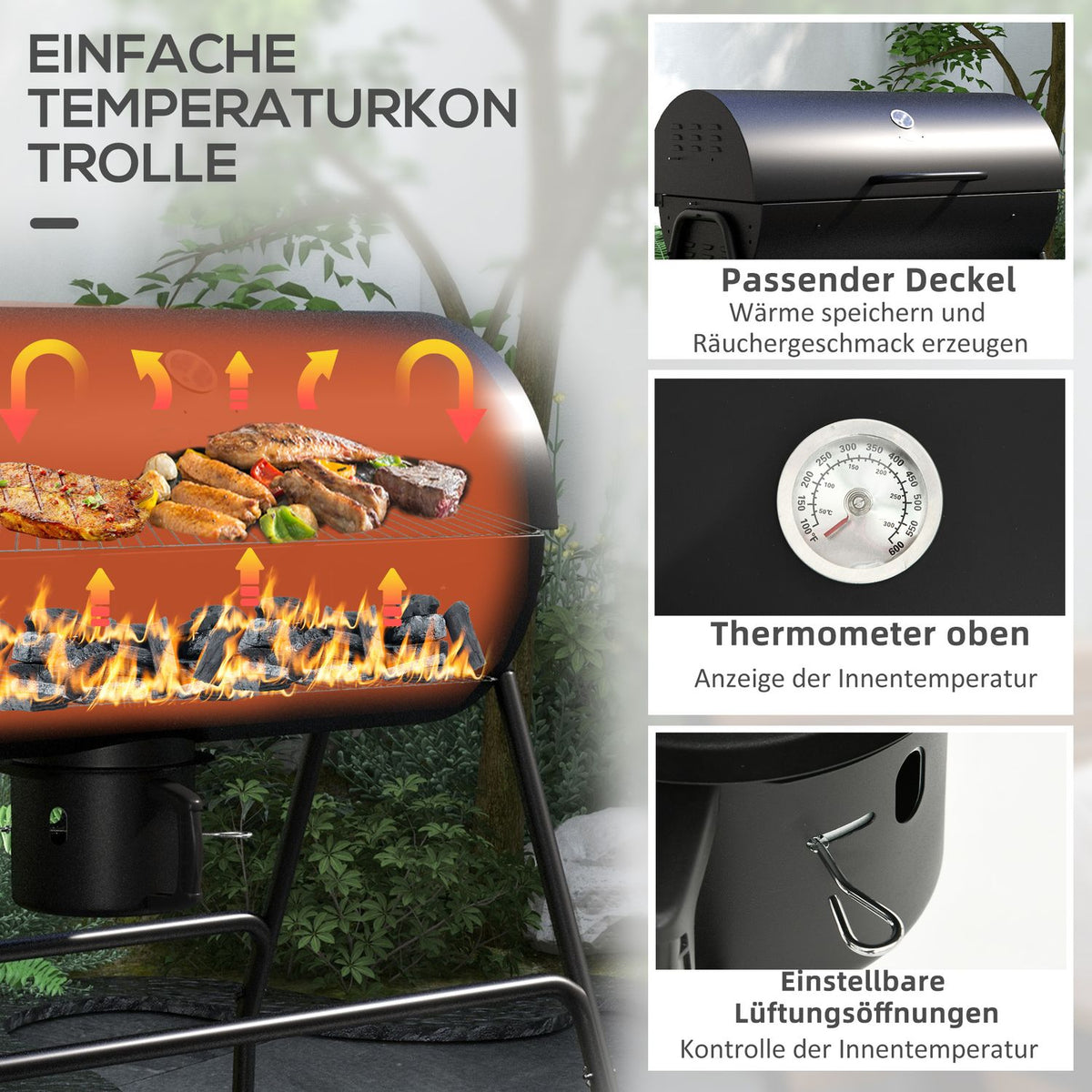 Metal Charcoal Grill BBQ Smoker with Lid Thermometer Wheels Adjustable Charcoal Tray Handle Mobile Grill Cart Charcoal Grill Charcoal Grill for Barbeque Camping Patio 95 x 71.5 x 102 cm