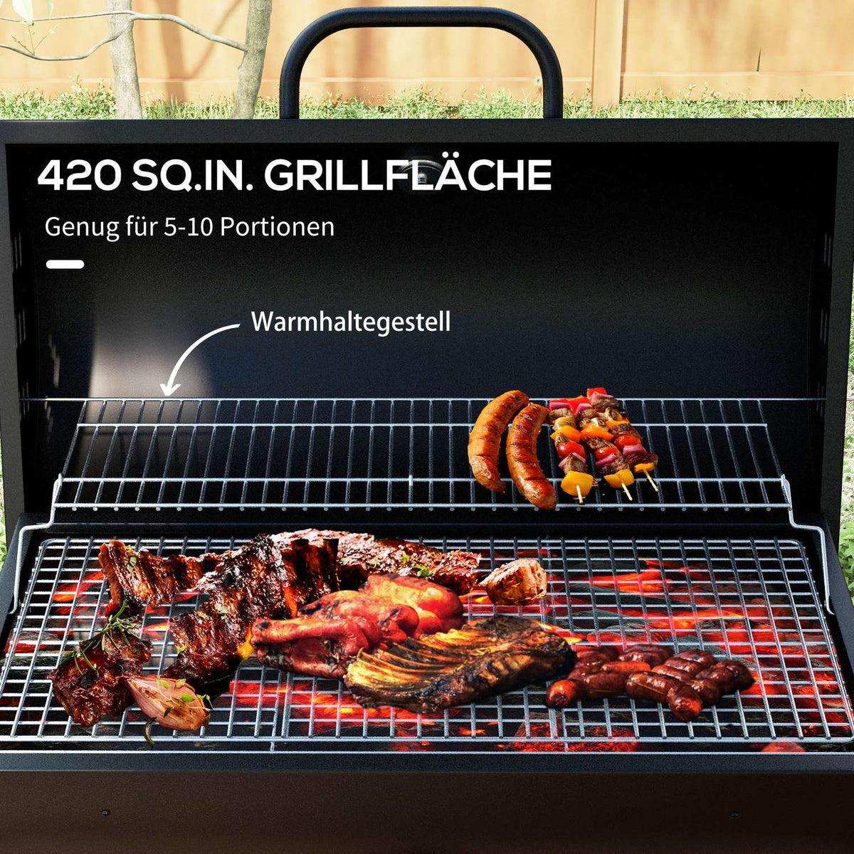 Metal Charcoal Grill BBQ Smoker with Lid Thermometer Wheels Adjustable Charcoal Tray Handle Mobile Grill Cart Charcoal Grill Charcoal Grill for Barbeque Camping Patio 95 x 71.5 x 102 cm