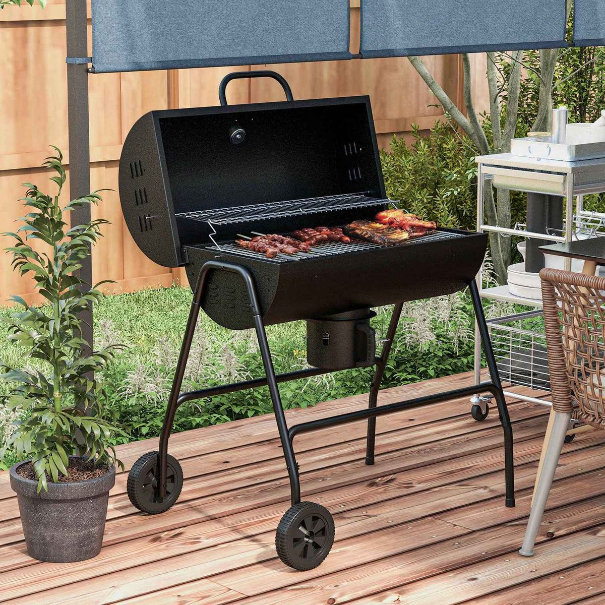 Metal Charcoal Grill BBQ Smoker with Lid Thermometer Wheels Adjustable Charcoal Tray Handle Mobile Grill Cart Charcoal Grill Charcoal Grill for Barbeque Camping Patio 95 x 71.5 x 102 cm