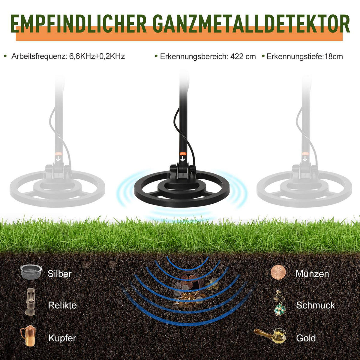 Metal Detector Metal Detector For Professionals And Beginners Waterproof Ø22 Cm Search Coil Aluminum Abs Black 23 X 22 X 114-135 Cm