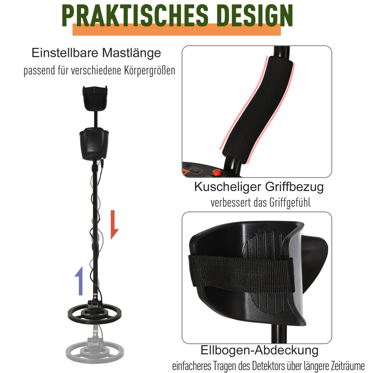 Metal Detector Metal Detector For Professionals And Beginners Waterproof Ø22 Cm Search Coil Aluminum Abs Black 23 X 22 X 114-135 Cm