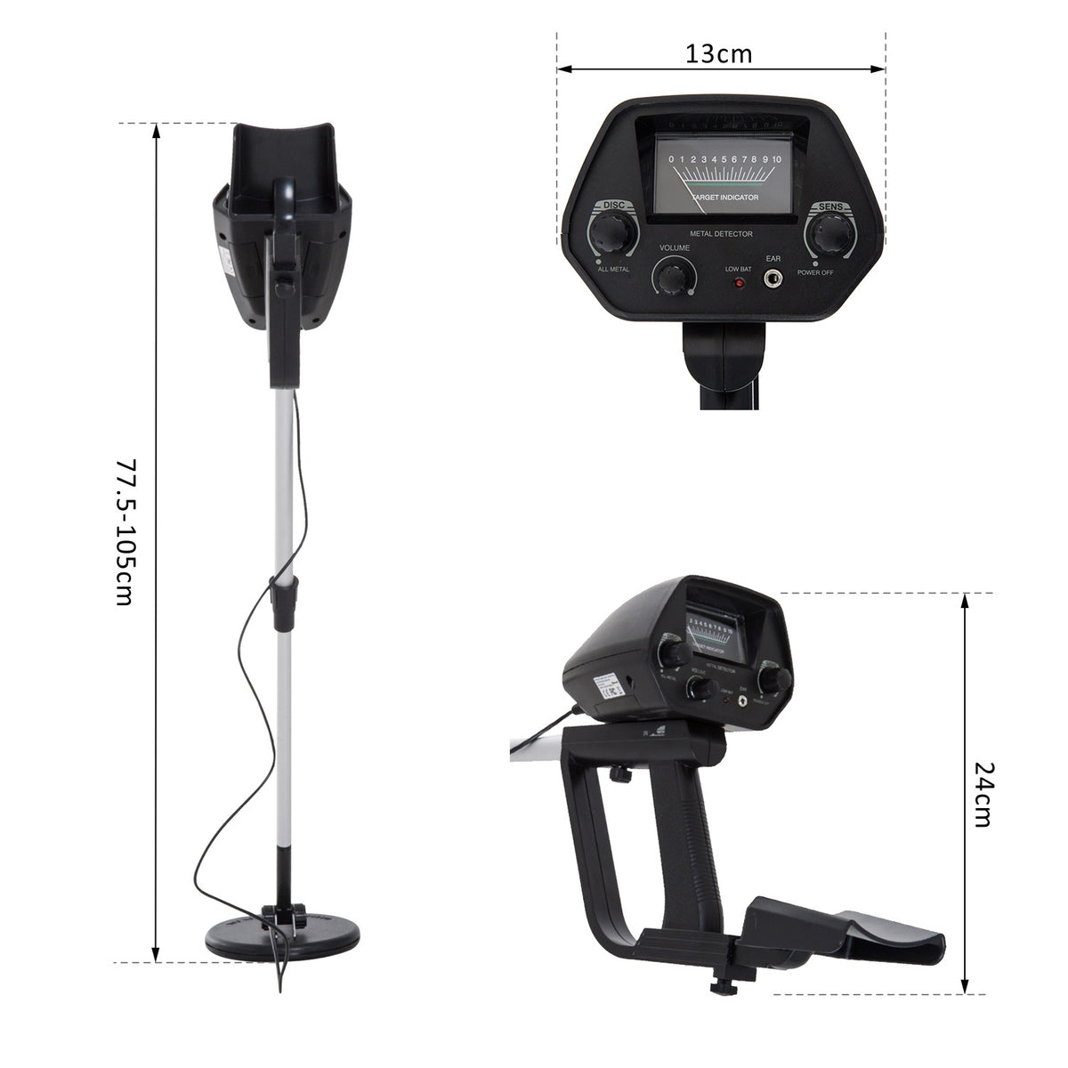 Metal Detector Metal Detector Waterproof 16.5Cm Search Coil Aluminum Abs 77.5-105X13X24Cm
