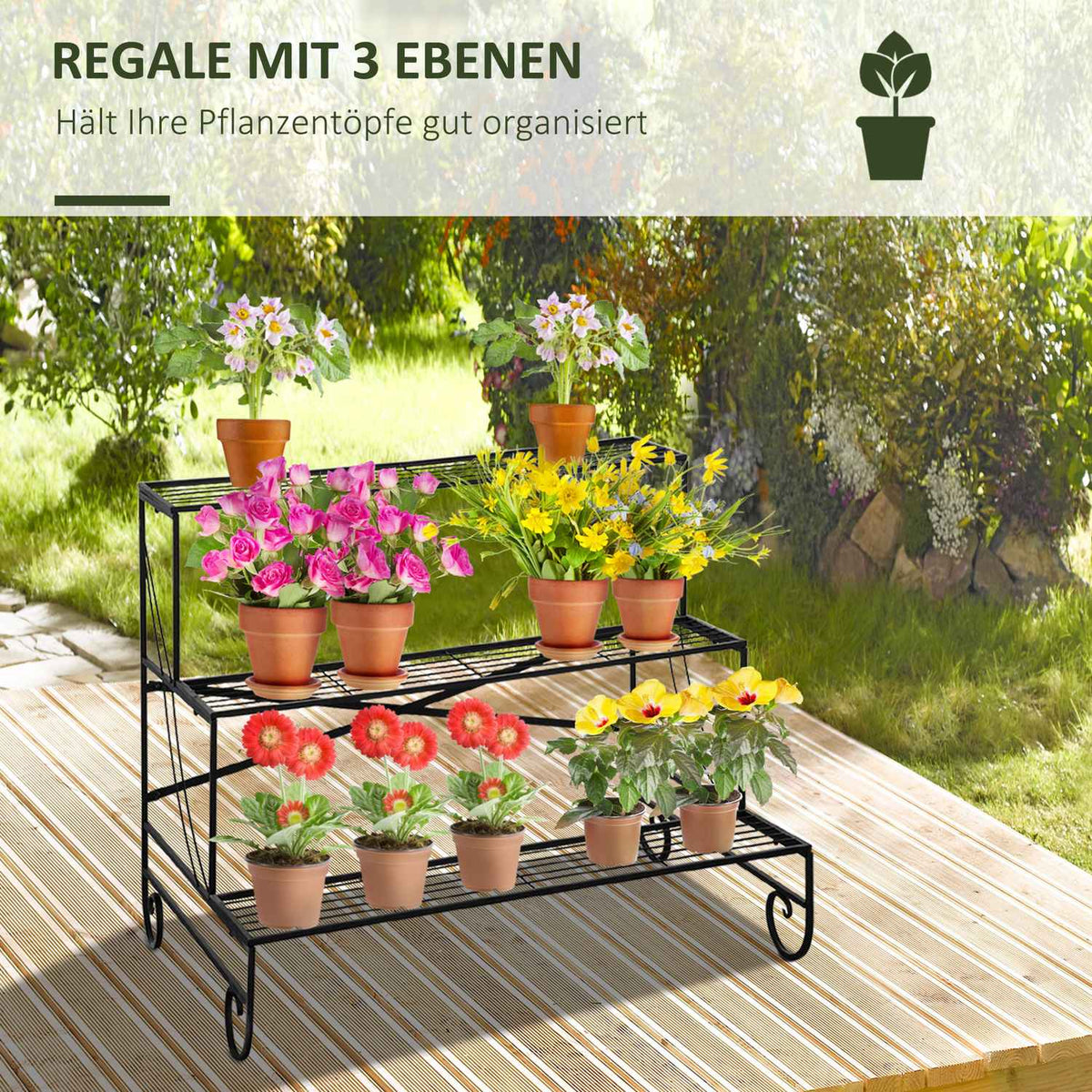 Metal Flower Shelf 3 Tier Plant Shelf Flower Stairs For Garden And Balcony Black 95X63X72Cm
