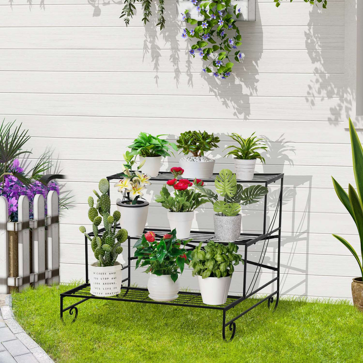 Metal Flower Shelf 3 Tier Plant Shelf Flower Stairs For Garden And Balcony Black 95X63X72Cm