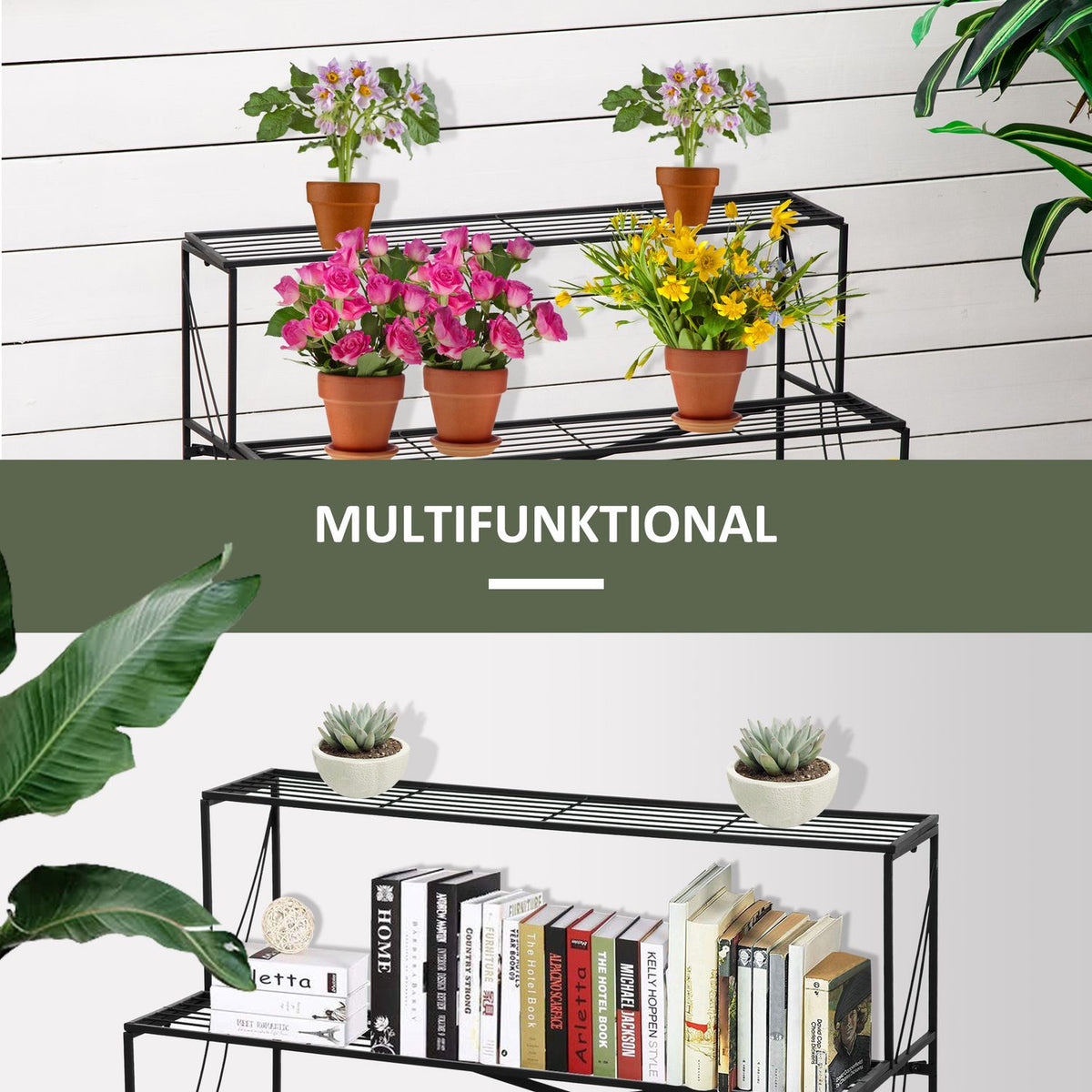 Metal Flower Shelf 3 Tier Plant Shelf Flower Stairs For Garden And Balcony Black 95X63X72Cm