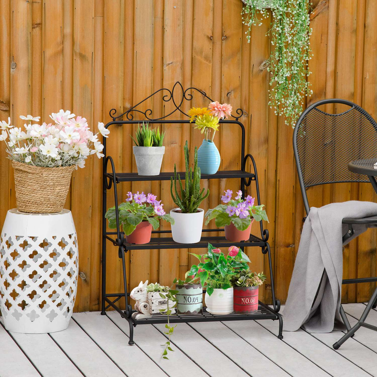 Metal Flower Stairs 3 Tier Plant Stand With Adjustable Hanging Height Indoor Outdoor Natural