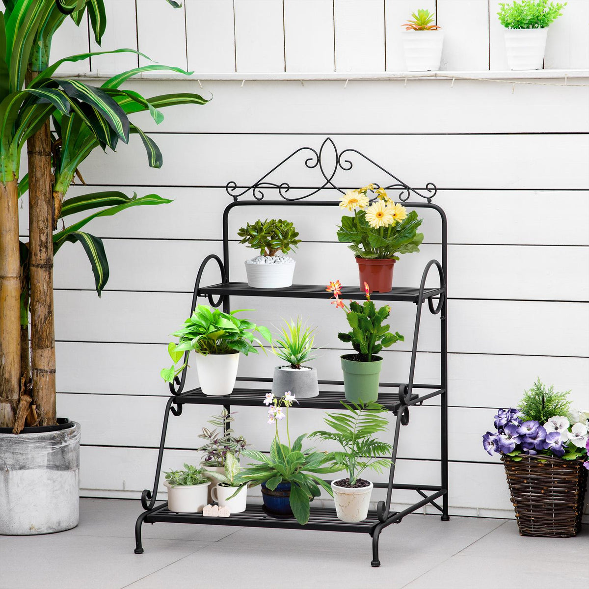 Metal Flower Stairs 3 Tier Plant Stand With Adjustable Hanging Height Indoor Outdoor Natural