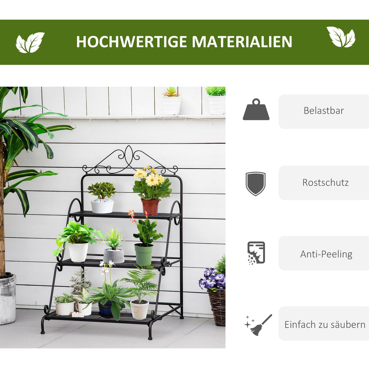 Metal Flower Stairs 3 Tier Plant Stand With Adjustable Hanging Height Indoor Outdoor Natural
