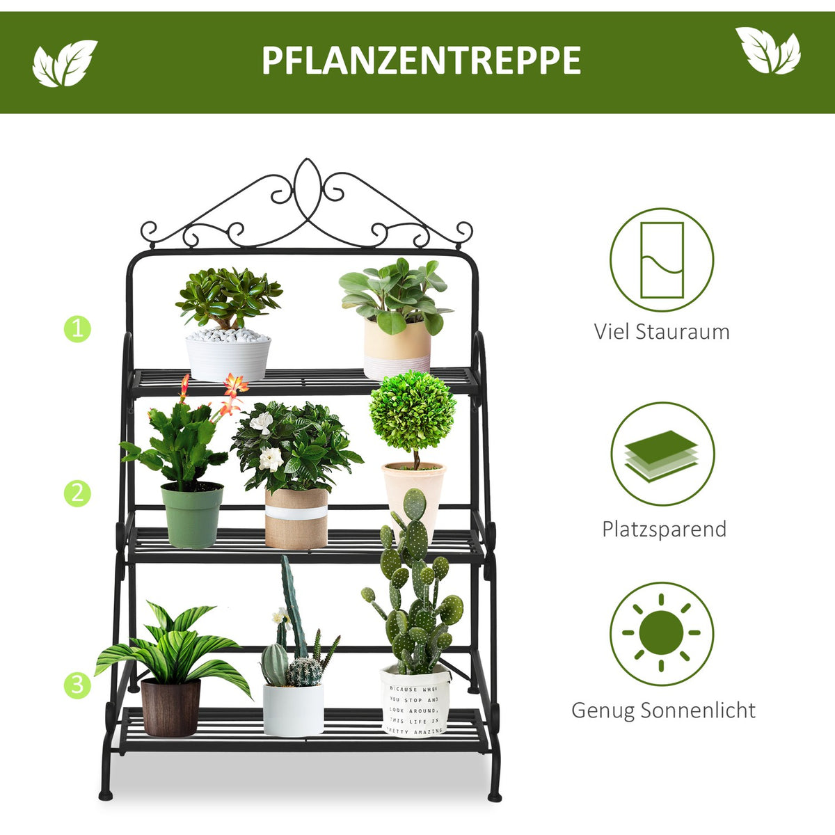 Metal Flower Stairs 3 Tier Plant Stand With Adjustable Hanging Height Indoor Outdoor Natural