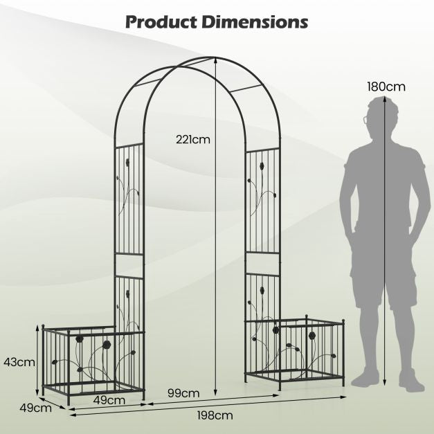 Metal Garden Arbor Arch Trellis with Planter Boxes, Stakes