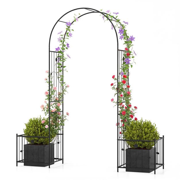 Metal Garden Arbor Arch Trellis with Planter Boxes, Stakes