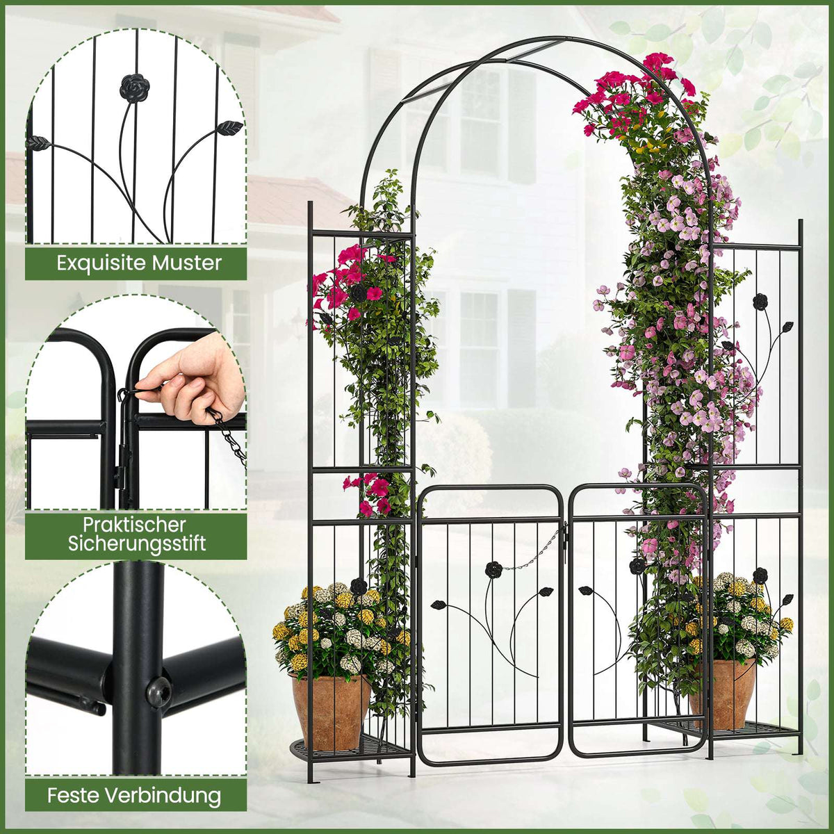 Metal Garden Arch with Gate & Plant Shelves – Black