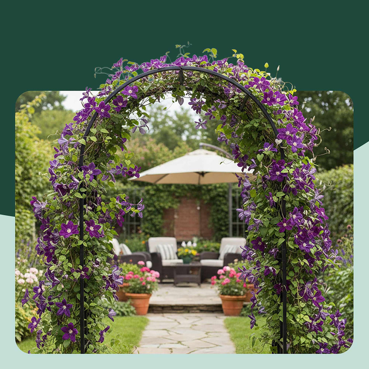 Metal Garden Arch with Planters and Heart Motifs
