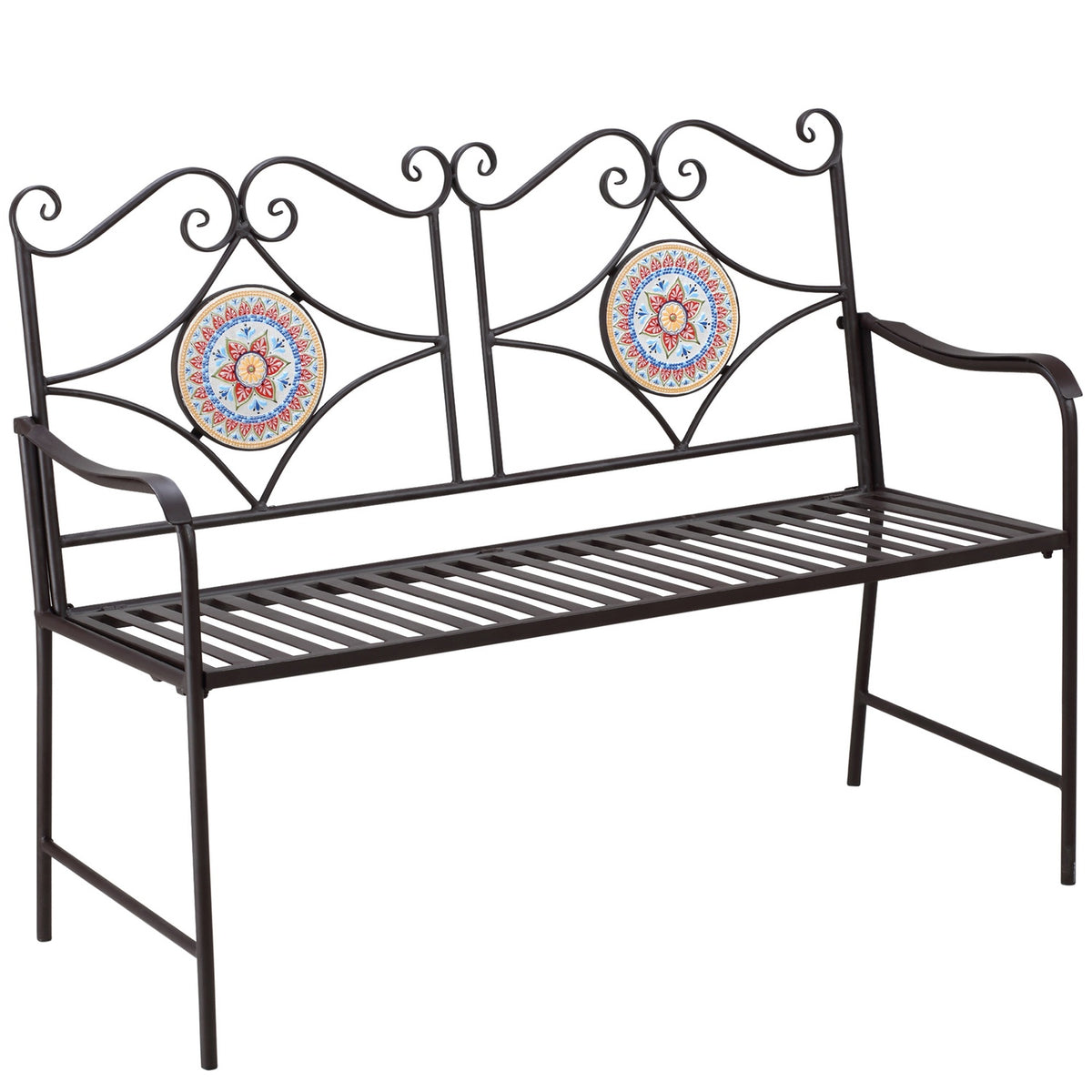 Metal Garden Bench, 2-Seater Park Bench With Backrest, Armrest, Bench With Mosaic Stones, Max. 220 Kg, Brown, 121 X 52 X 93 Cm