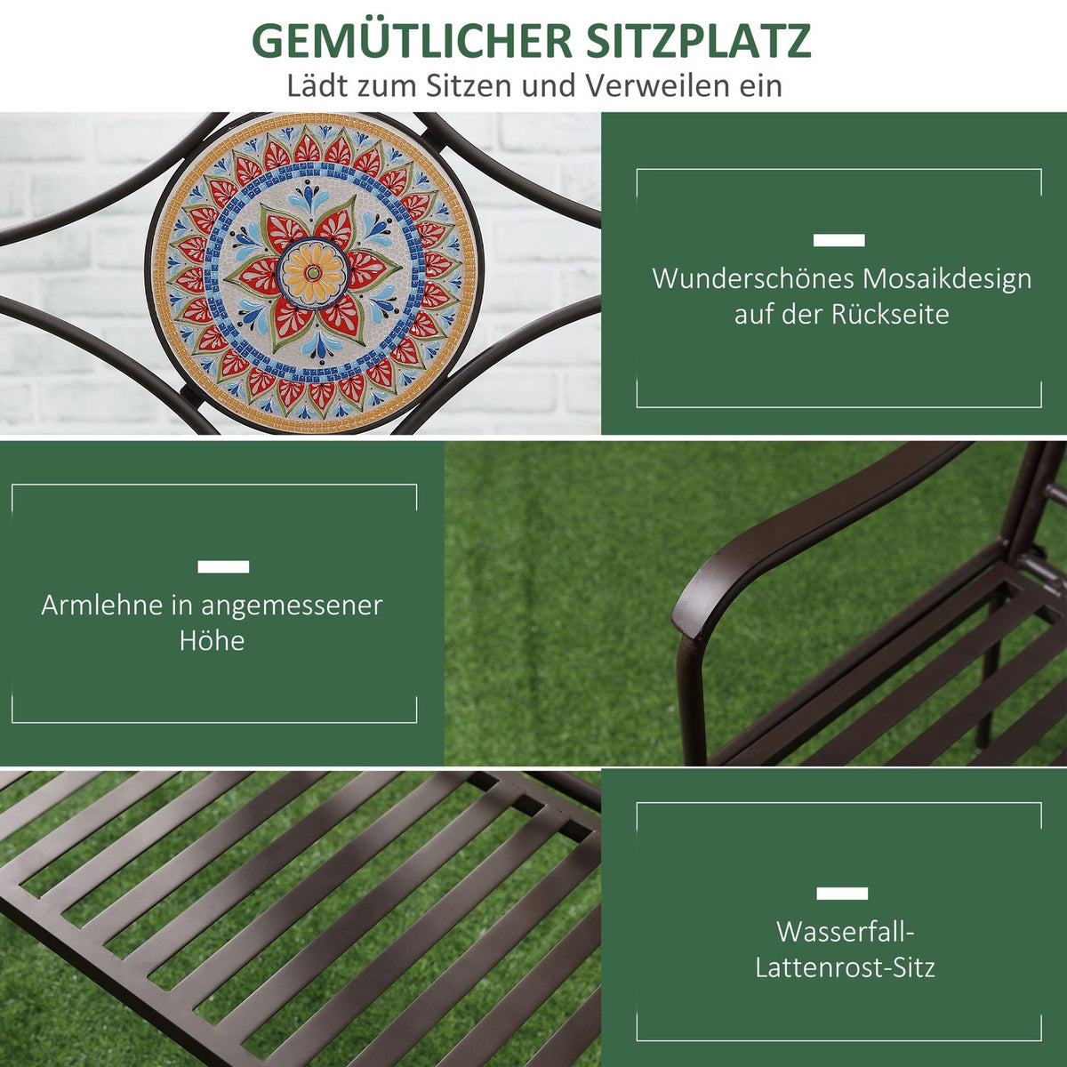 Metal Garden Bench, 2-Seater Park Bench With Backrest, Armrest, Bench With Mosaic Stones, Max. 220 Kg, Brown, 121 X 52 X 93 Cm