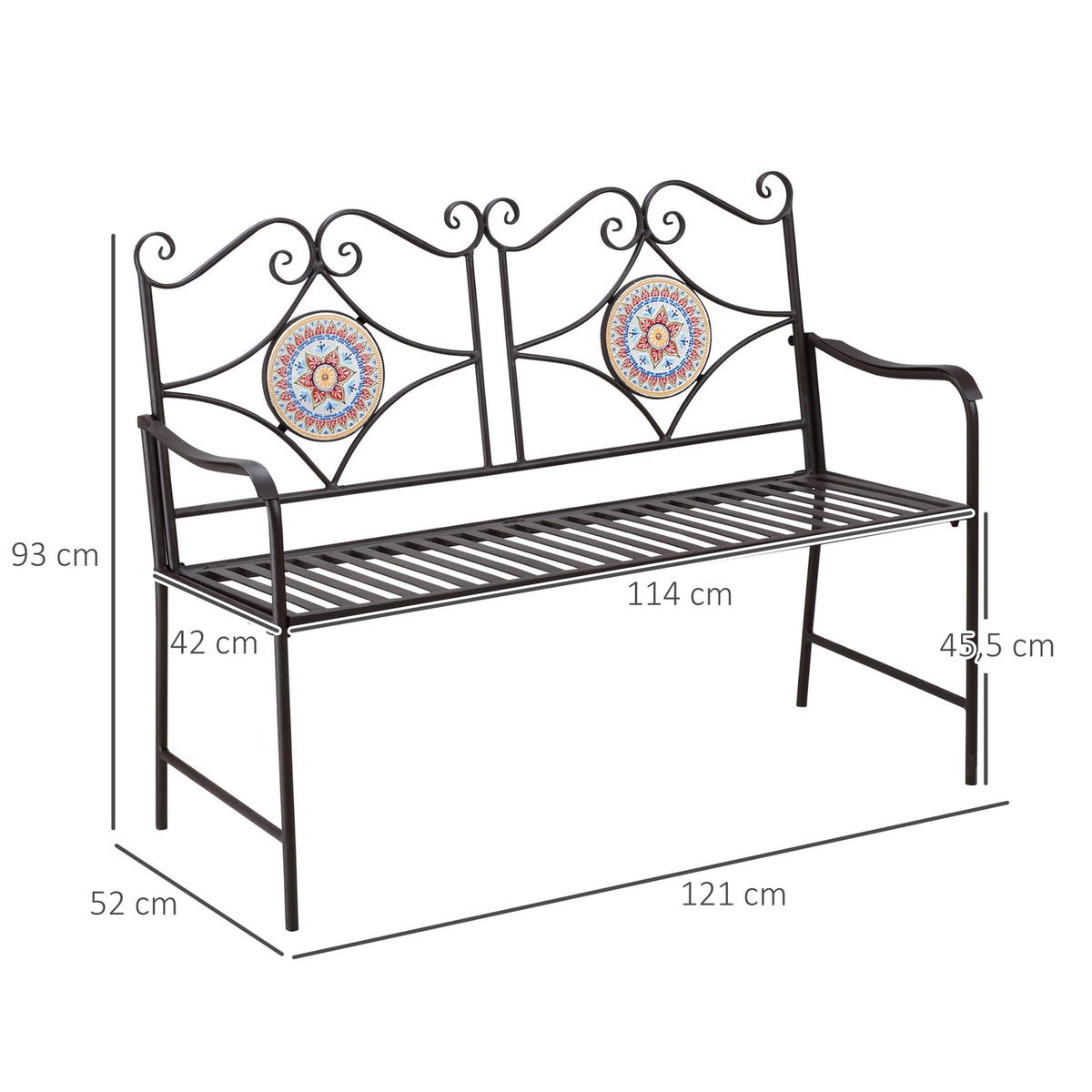 Metal Garden Bench, 2-Seater Park Bench With Backrest, Armrest, Bench With Mosaic Stones, Max. 220 Kg, Brown, 121 X 52 X 93 Cm