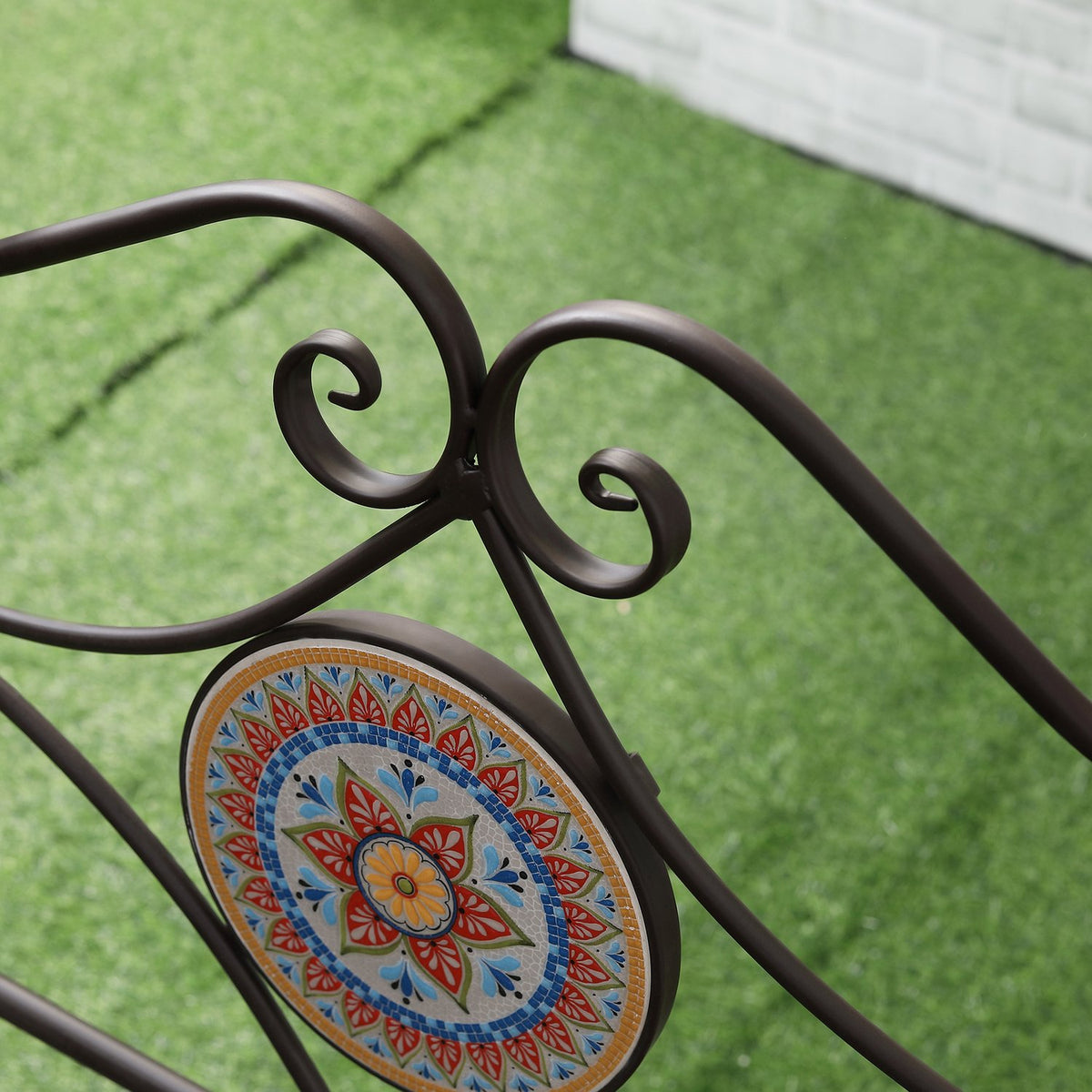 Metal Garden Bench, 2-Seater Park Bench With Backrest, Armrest, Bench With Mosaic Stones, Max. 220 Kg, Brown, 121 X 52 X 93 Cm