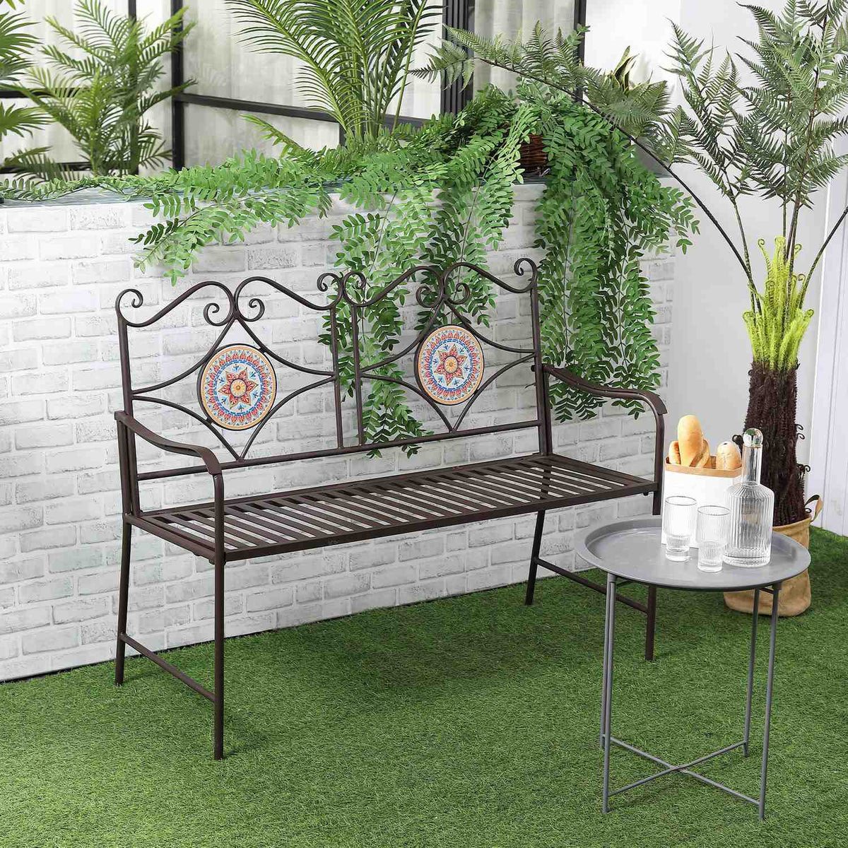 Metal Garden Bench, 2-Seater Park Bench With Backrest, Armrest, Bench With Mosaic Stones, Max. 220 Kg, Brown, 121 X 52 X 93 Cm